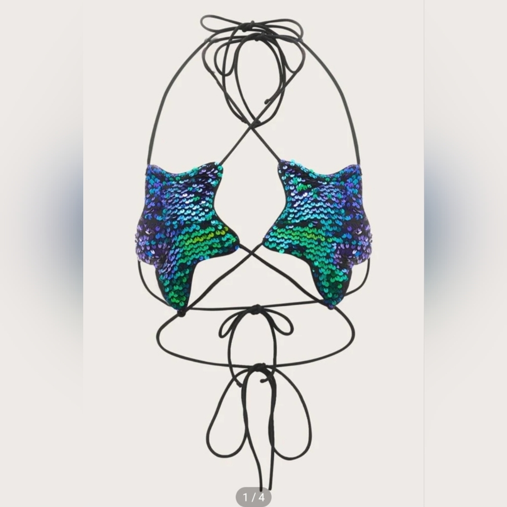 NWOT Sequin Star Shaped Crisscross Tie Back Halter Top